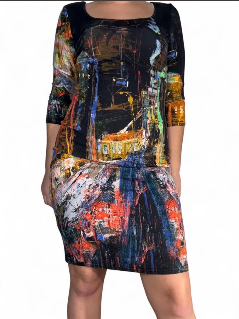 Abstract Paint-Print Midi Dress in Black Multi
